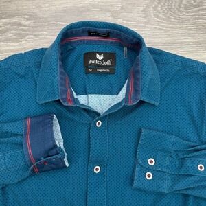 Buttercloth Icy Cotton Shirt Mens Medium Blue Geometrict Stretch Regular Fit